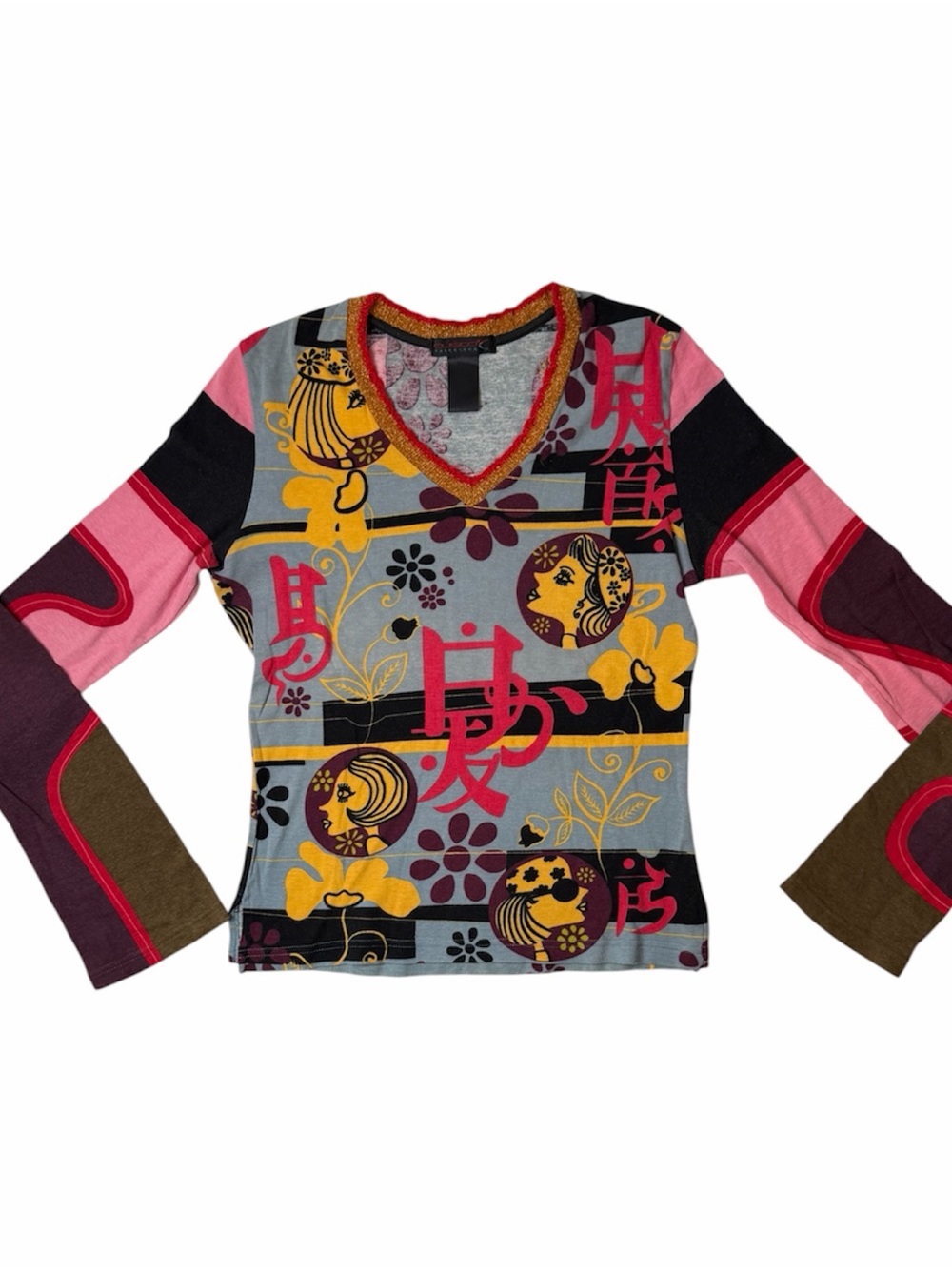 Vintage Custo Barcelona Y2K Double Layer Graphic Print Top Kanji Portrait